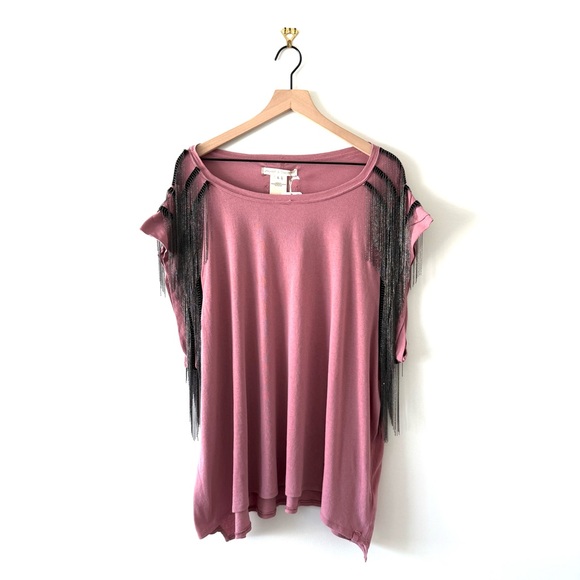 Free People x Tricia Fix Metal Fringe Relaxed T-Shirt Pink Sz L NWT - Picture 11 of 11